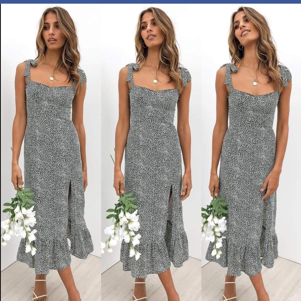 tie strap ruffle petal & pup size four slit midi dress